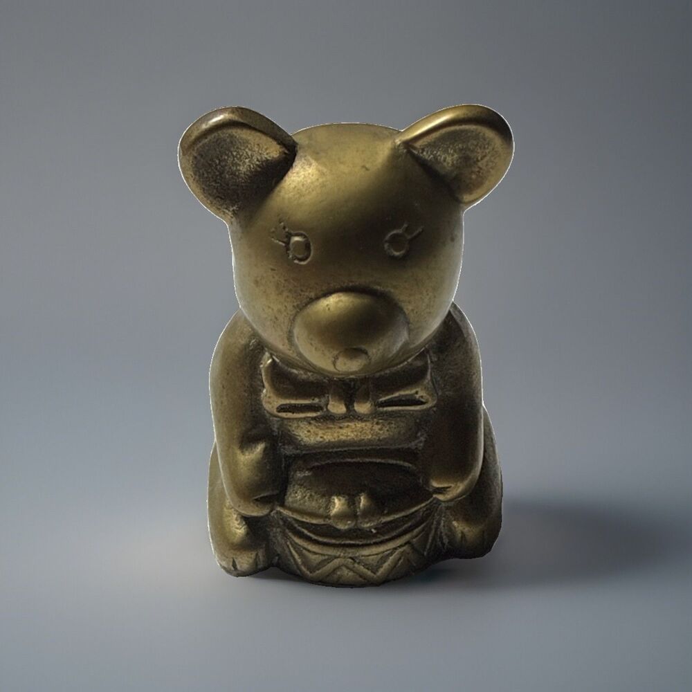 Vintage Small Brass Teddy Paperweight Bear Drummer Boy Christmas Figurine Bow